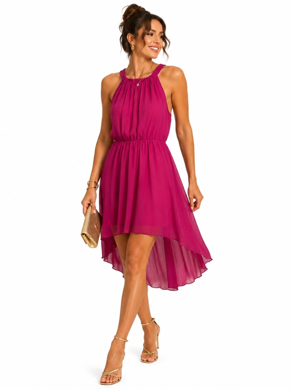 Vero Moda High Low Chiffon Dress Bright Pink Sleeveless Party Womens Size M